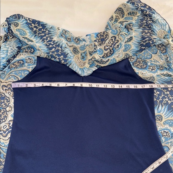 Initiatives Blue and Black Asymmetrical Poncho Sleeve Boho Blouse - Picture 9 of 11